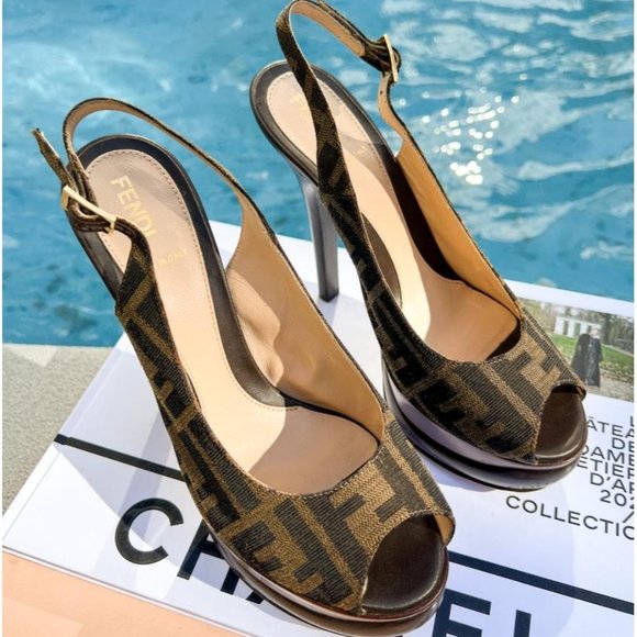 Fendi Shoes - FENDI Brown Zucca Canvas FF Logo Stiletto Heeled Sandals Size IT37.5